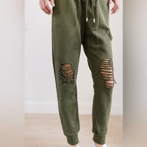 Kick Back Distressed Joggers by Mono B In Olive - Medium